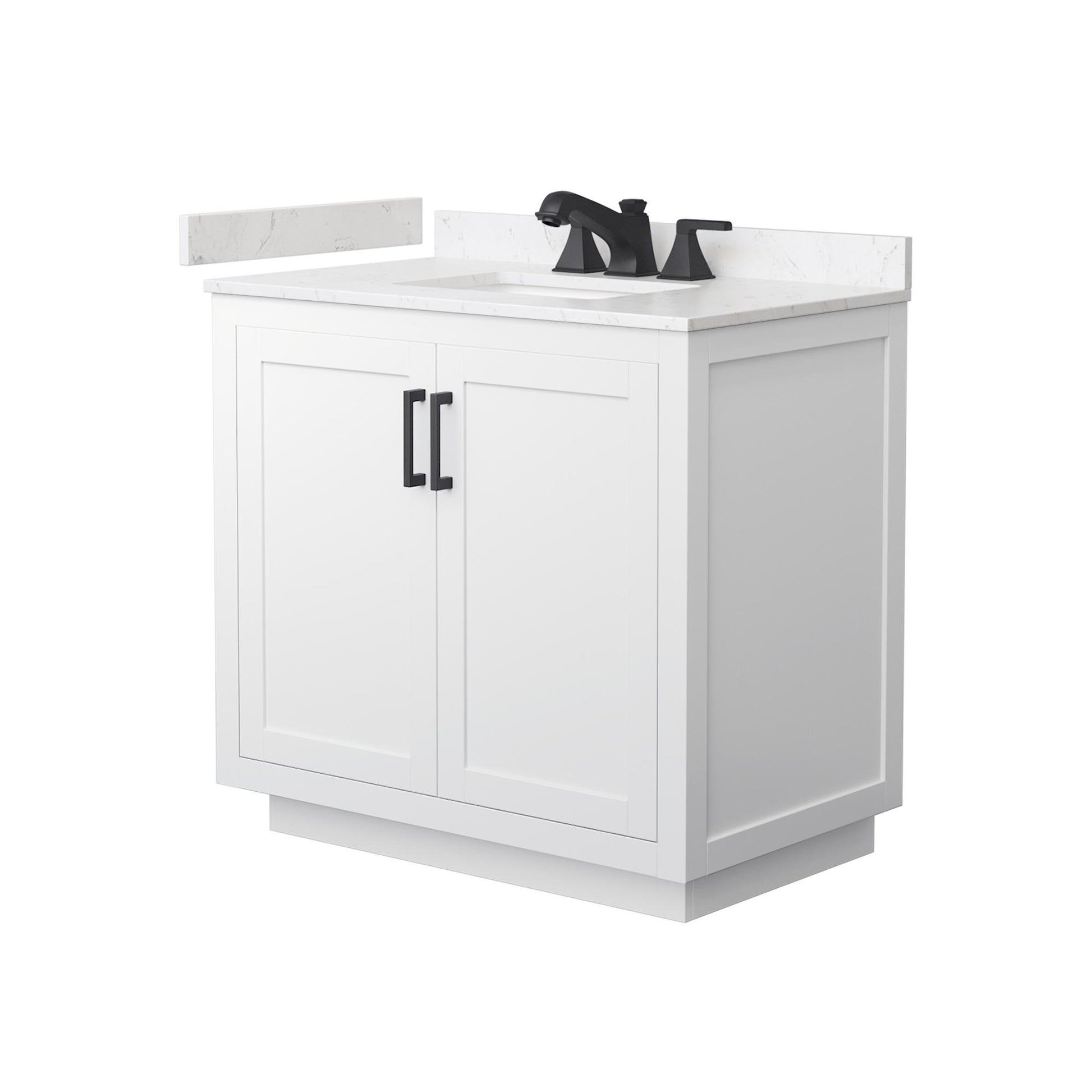Wyndham Collection Miranda 36" Single Bathroom Vanity in White, Carrara Cultured Marble Countertop, Undermount Square Sink (3-Hole), Matte Black Trim
