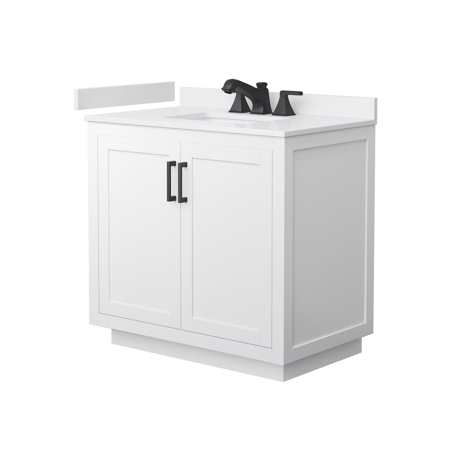 Wyndham Collection Miranda 36" Single Bathroom Vanity in White, White Cultured Marble Countertop, Undermount Square Sink (3-Hole), Matte Black Trim