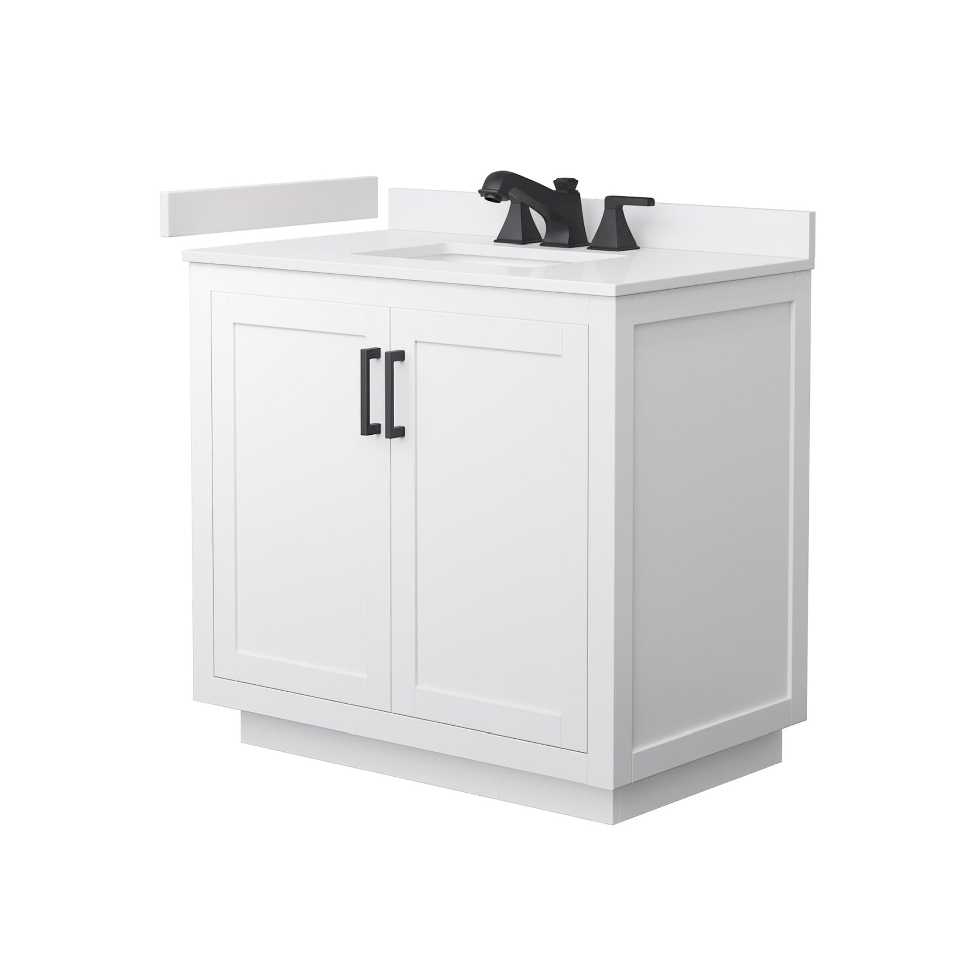 Wyndham Collection Miranda 36" Single Bathroom Vanity in White, White Cultured Marble Countertop, Undermount Square Sink (3-Hole), Matte Black Trim