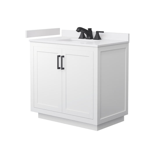 Wyndham Collection Miranda 36" Single Bathroom Vanity in White, White Cultured Marble Countertop, Undermount Square Sink (3-Hole), Matte Black Trim