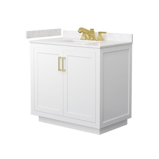 Wyndham Collection Miranda 36" Single Bathroom Vanity in White, Carrara Cultured Marble Countertop, Undermount Square Sink (3-Hole), Brushed Gold Trim