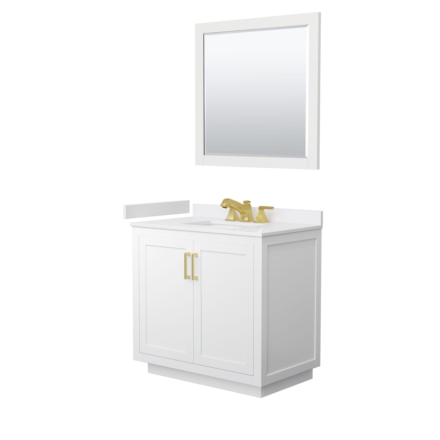 Wyndham Collection Miranda 36" Single Bathroom Vanity in White, White Cultured Marble Countertop, Undermount Square Sink (3-Hole), Brushed Gold Trim and 34" Mirror
