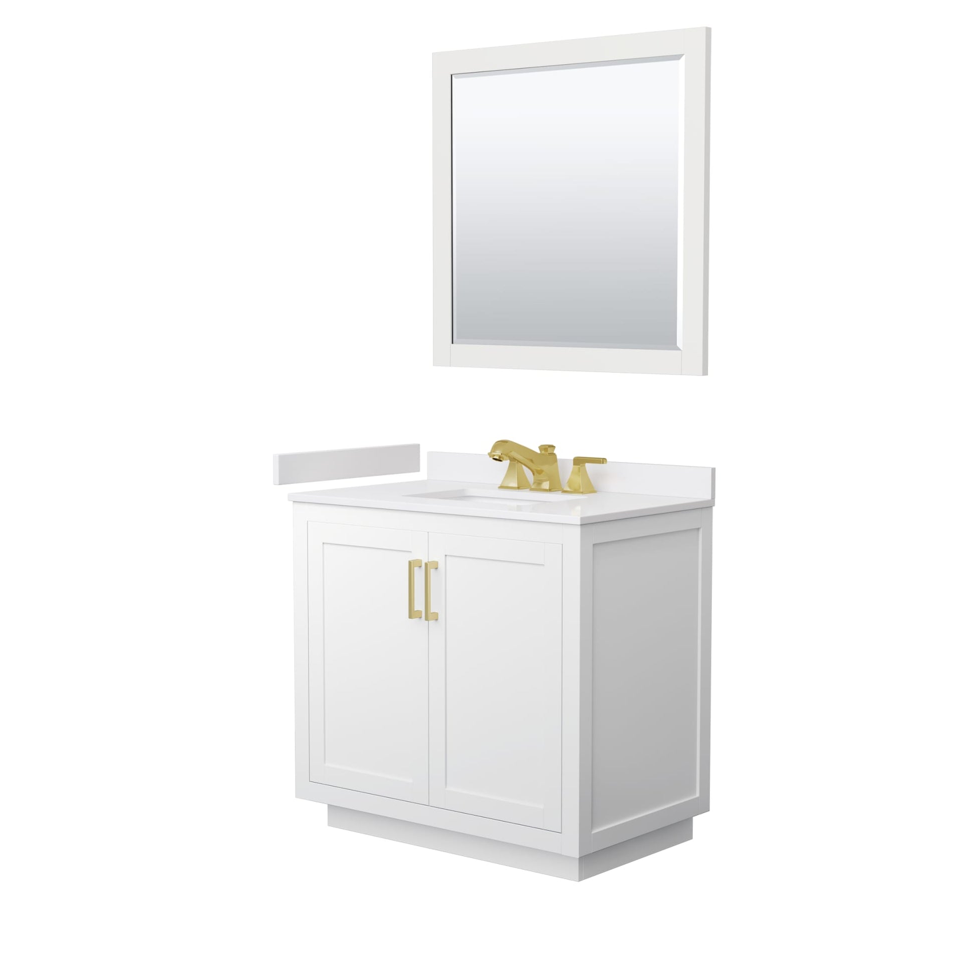 Wyndham Collection Miranda 36" Single Bathroom Vanity in White, White Cultured Marble Countertop, Undermount Square Sink (3-Hole), Brushed Gold Trim and 34" Mirror
