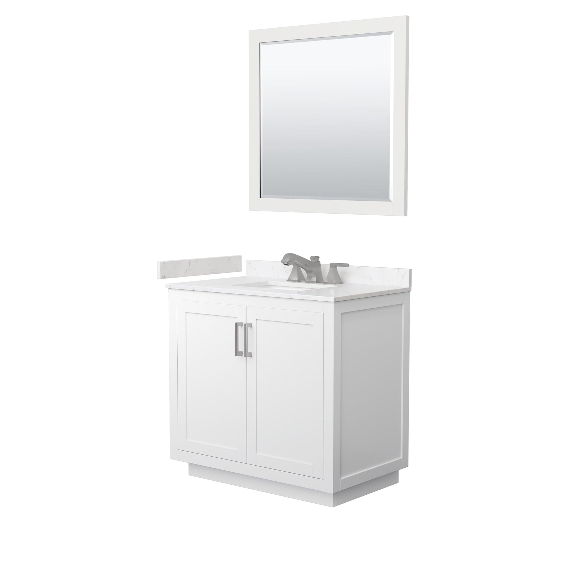 Wyndham Collection Miranda 36" Single Bathroom Vanity in White, Carrara Cultured Marble Countertop, Undermount Square Sink (3-Hole), Brushed Nickel Trim and 34" Mirror