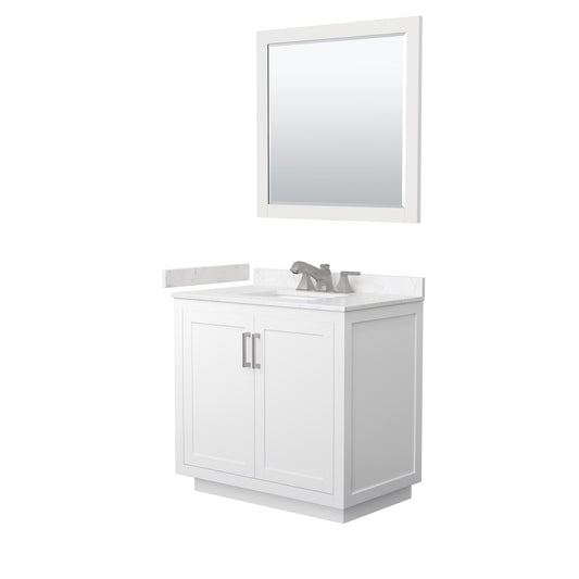 Wyndham Collection Miranda 36" Single Bathroom Vanity in White, Carrara Cultured Marble Countertop, Undermount Square Sink (3-Hole), Brushed Nickel Trim and 34" Mirror