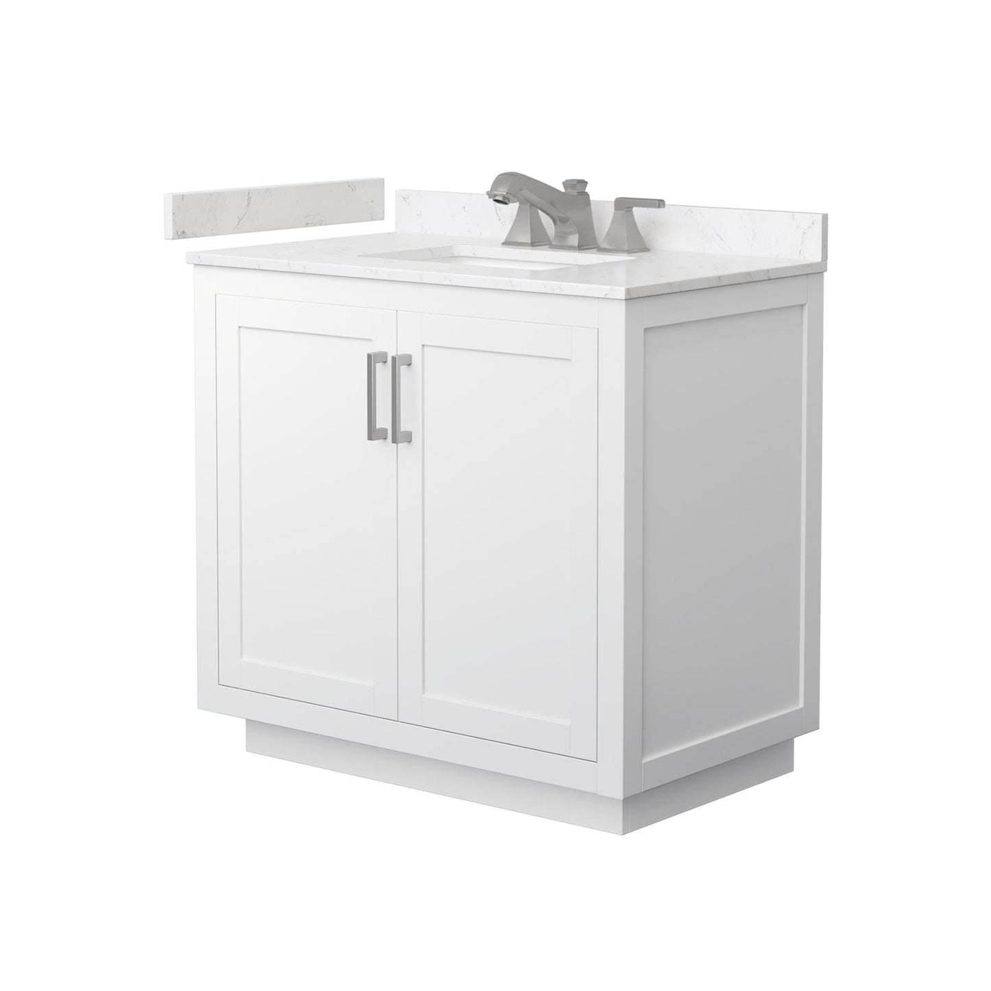 Wyndham Collection Miranda 36" Single Bathroom Vanity in White, Carrara Cultured Marble Countertop, Undermount Square Sink (3-Hole), Brushed Nickel Trim