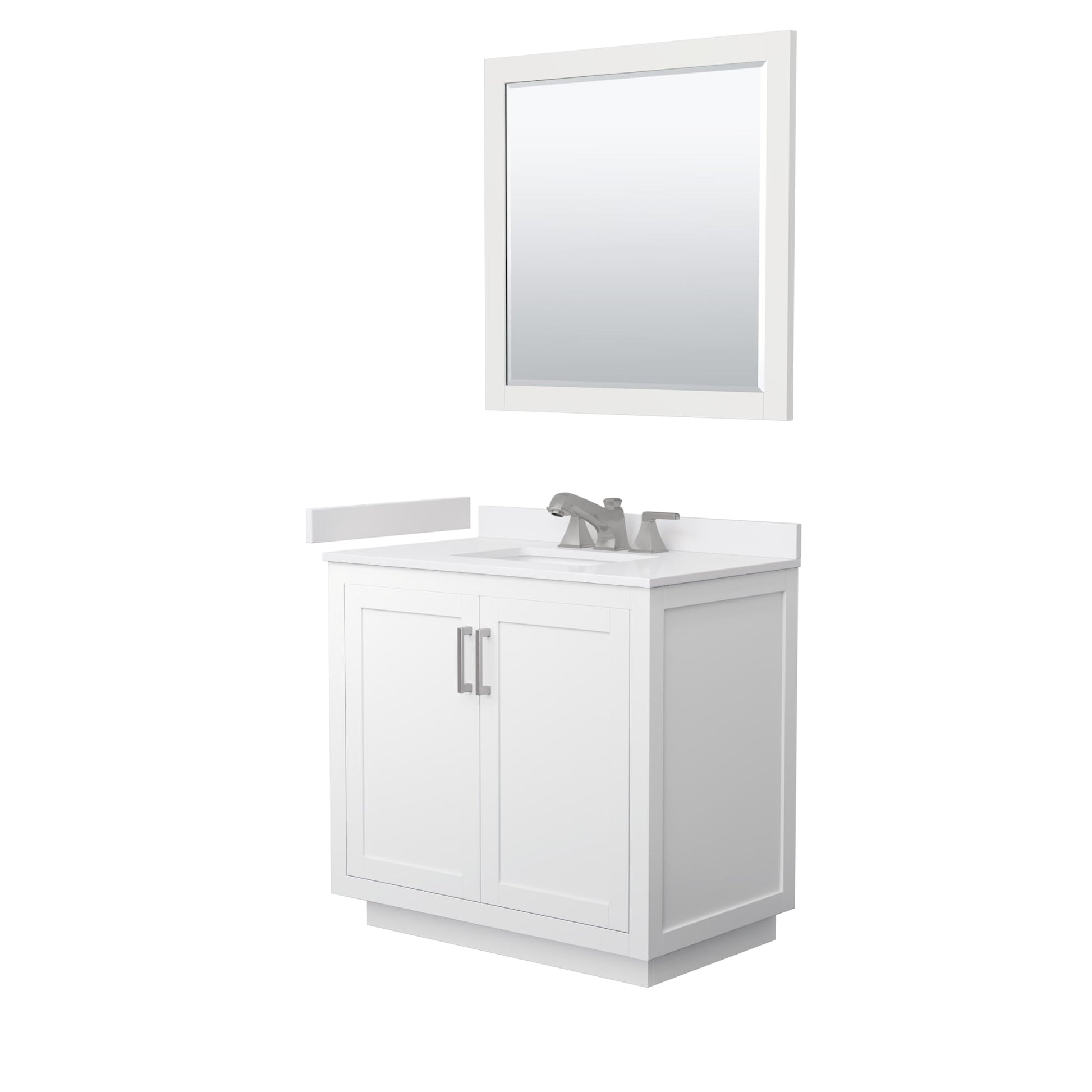 Wyndham Collection Miranda 36" Single Bathroom Vanity in White, White Cultured Marble Countertop, Undermount Square Sink (3-Hole), Brushed Nickel Trim and 34" Mirror