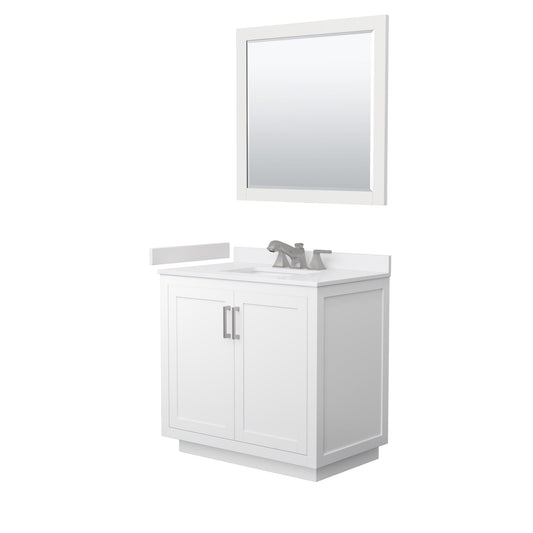 Wyndham Collection Miranda 36" Single Bathroom Vanity in White, White Cultured Marble Countertop, Undermount Square Sink (3-Hole), Brushed Nickel Trim and 34" Mirror