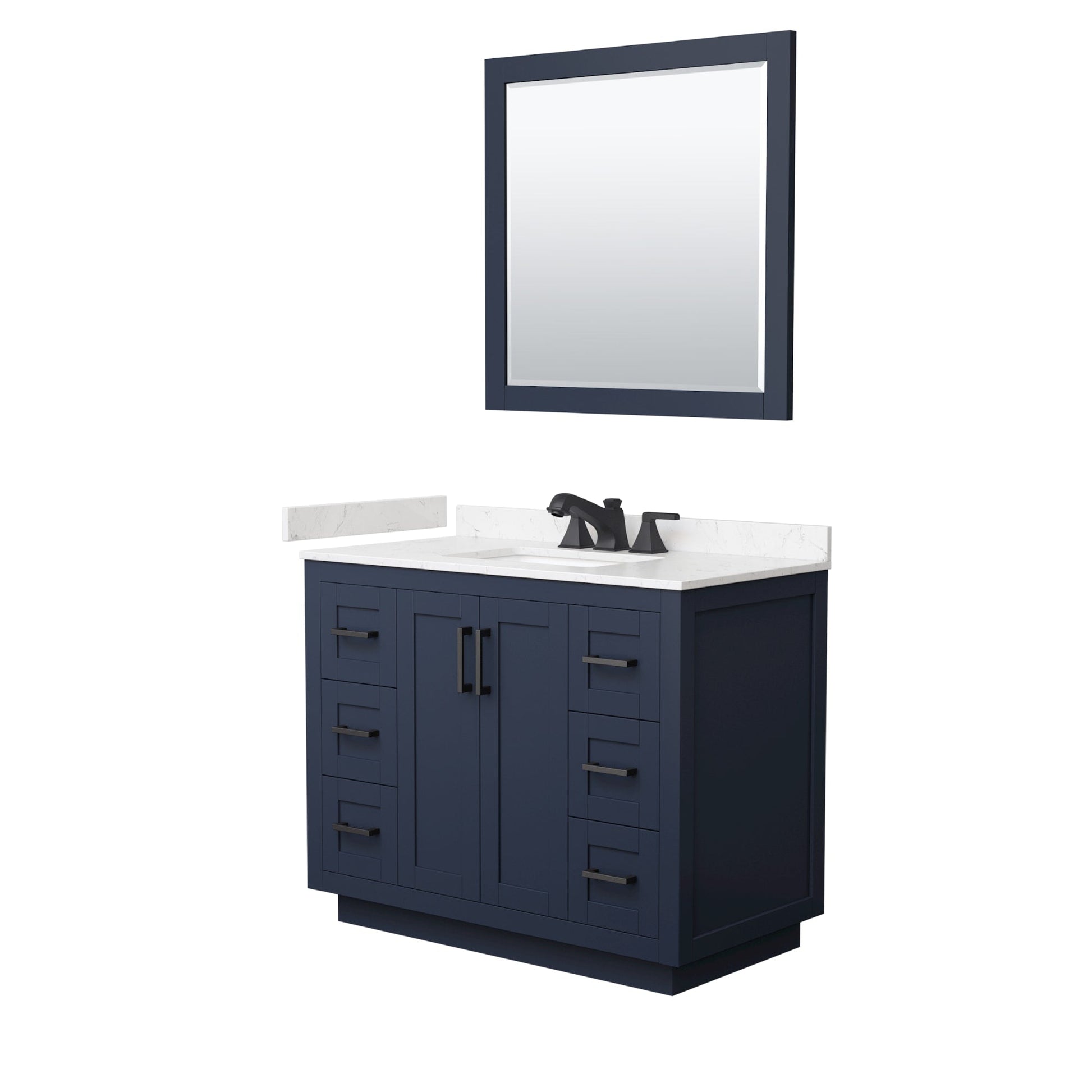 Wyndham Collection Miranda 42" Single Bathroom Vanity in Dark Blue, Carrara Cultured Marble Countertop, Undermount Square Sink (3-Hole), Matte Black Trim and 34" Mirror