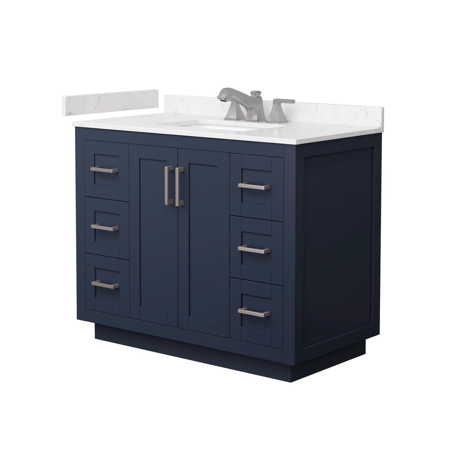 Wyndham Collection Miranda 42" Single Bathroom Vanity in Dark Blue, Carrara Cultured Marble Countertop, Undermount Square Sink (3-Hole), Brushed Nickel Trim