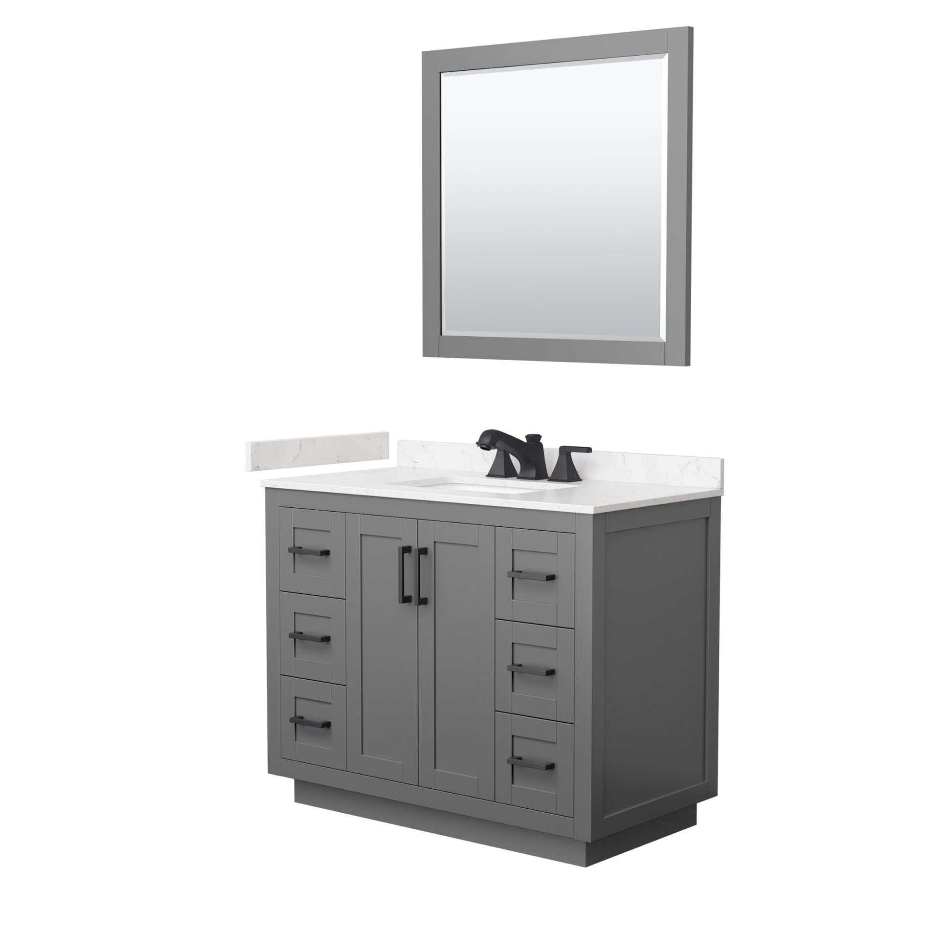 Wyndham Collection Miranda 42" Single Bathroom Vanity in Dark Gray, Carrara Cultured Marble Countertop, Undermount Square Sink (3-Hole), Matte Black Trim and 34" Mirror