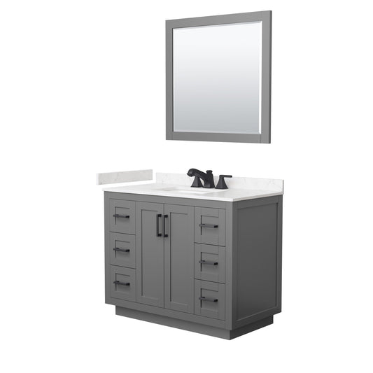 Wyndham Collection Miranda 42" Single Bathroom Vanity in Dark Gray, Carrara Cultured Marble Countertop, Undermount Square Sink (3-Hole), Matte Black Trim and 34" Mirror