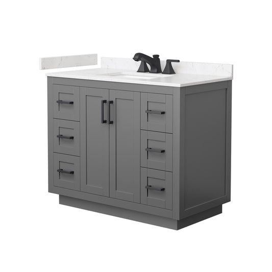 Wyndham Collection Miranda 42" Single Bathroom Vanity in Dark Gray, Carrara Cultured Marble Countertop, Undermount Square Sink (3-Hole), Matte Black Trim