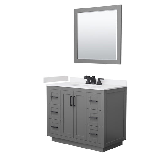 Wyndham Collection Miranda 42" Single Bathroom Vanity in Dark Gray, White Cultured Marble Countertop, Undermount Square Sink (3-Hole), Matte Black Trim and 34" Mirror