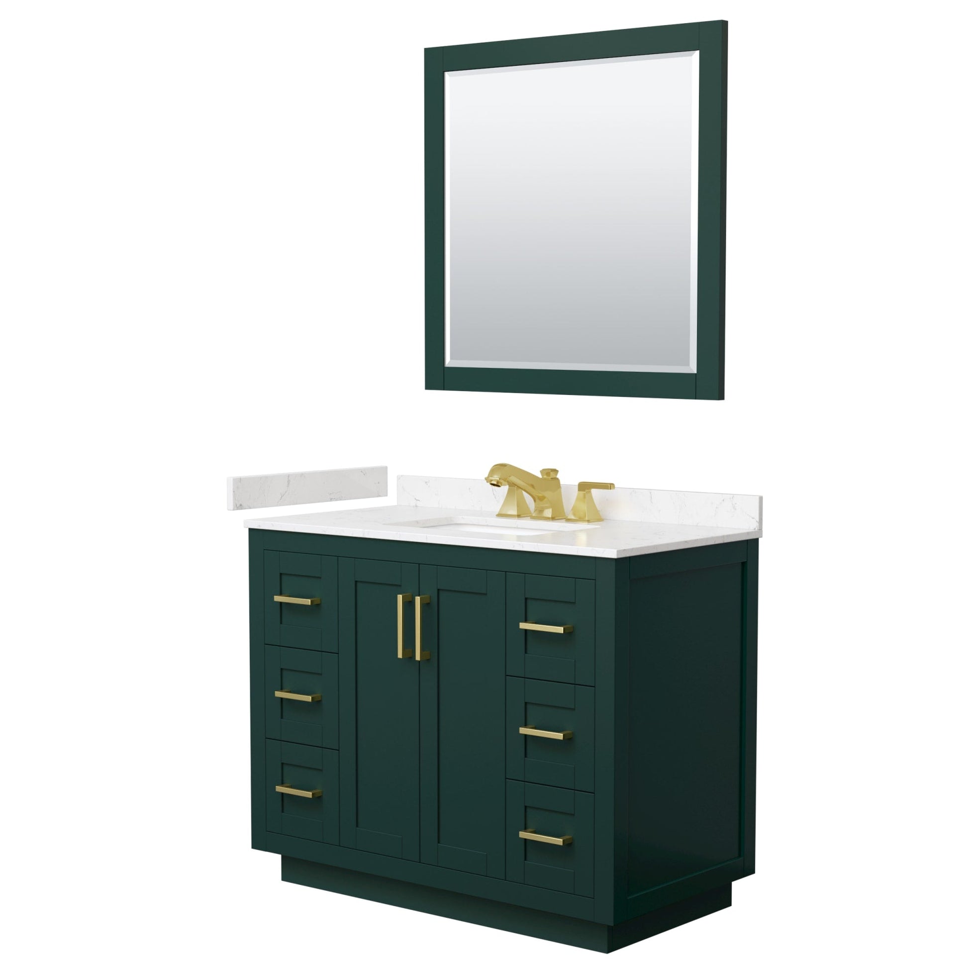 Wyndham Collection Miranda 42" Single Bathroom Vanity in Green, Carrara Cultured Marble Countertop, Undermount Square Sink (3-Hole), Brushed Gold Trim and 34" Mirror