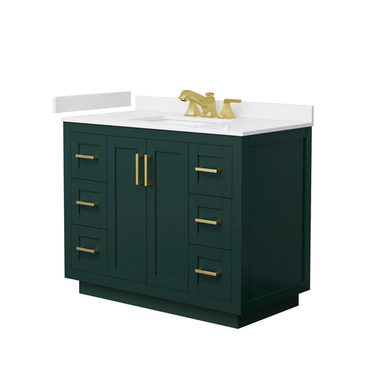 Wyndham Collection Miranda 42" Single Bathroom Vanity in Green, White Cultured Marble Countertop, Undermount Square Sink (3-Hole), Brushed Gold Trim