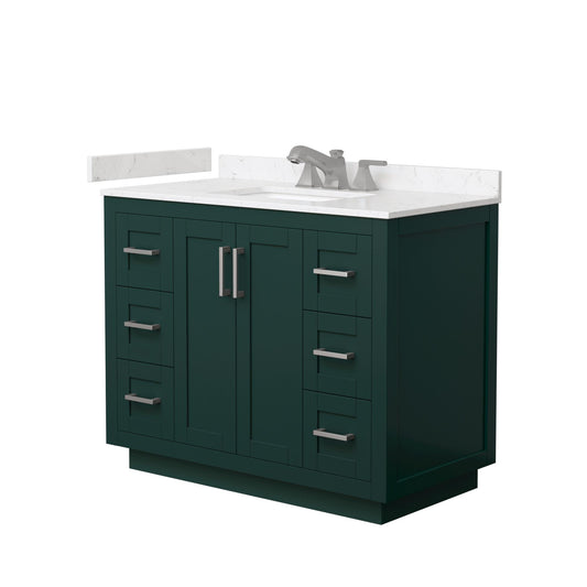 Wyndham Collection Miranda 42" Single Bathroom Vanity in Green, Carrara Cultured Marble Countertop, Undermount Square Sink (3-Hole), Brushed Nickel Trim