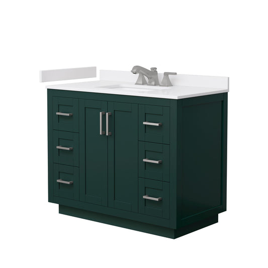 Wyndham Collection Miranda 42" Single Bathroom Vanity in Green, White Cultured Marble Countertop, Undermount Square Sink (3-Hole), Brushed Nickel Trim