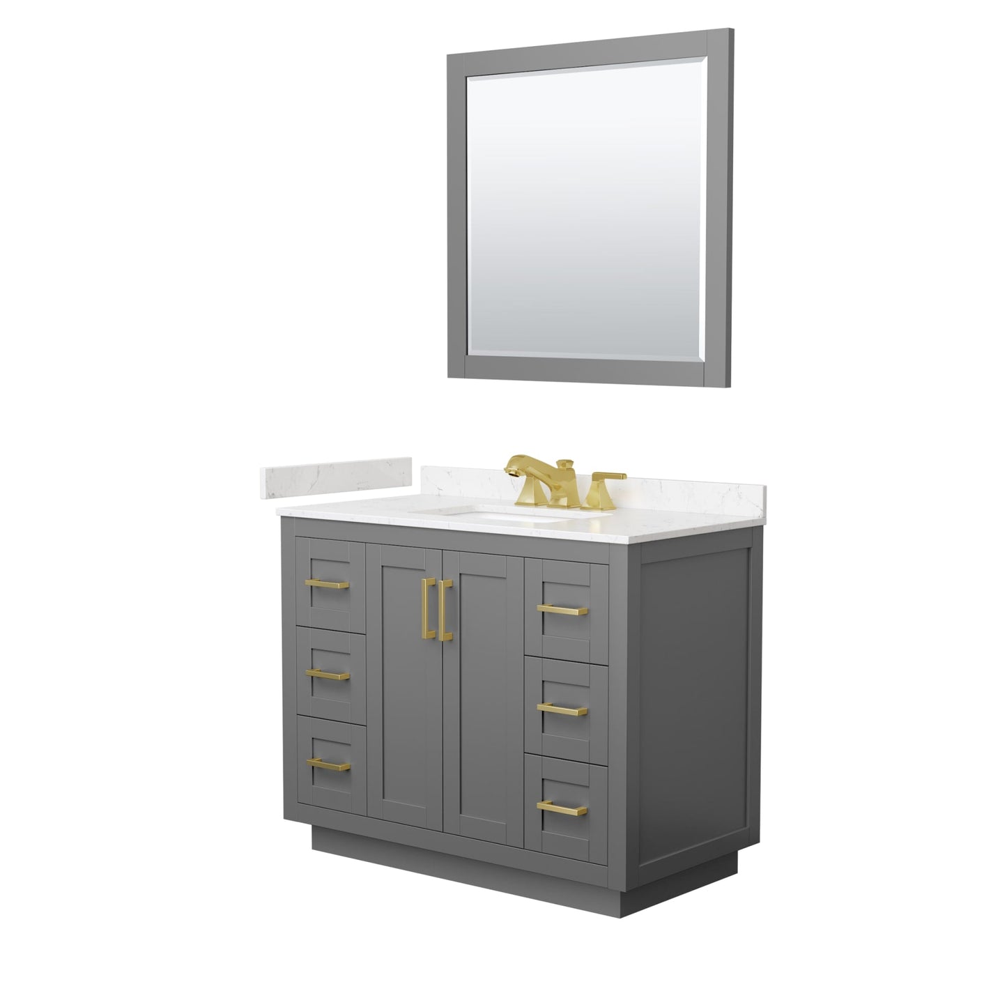 Wyndham Collection Miranda 42" Single Bathroom Vanity in Dark Gray, Carrara Cultured Marble Countertop, Undermount Square Sink (3-Hole), Brushed Gold Trim and 34" Mirror