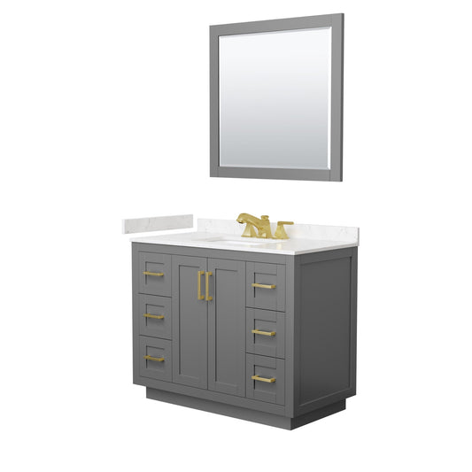 Wyndham Collection Miranda 42" Single Bathroom Vanity in Dark Gray, Carrara Cultured Marble Countertop, Undermount Square Sink (3-Hole), Brushed Gold Trim and 34" Mirror