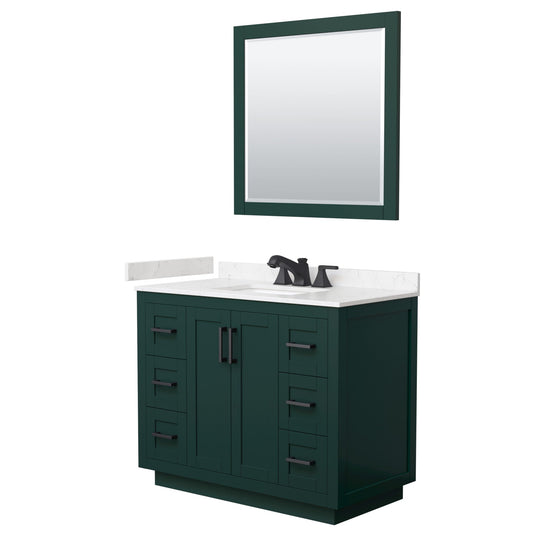 Wyndham Collection Miranda 42" Single Bathroom Vanity in Green, Carrara Cultured Marble Countertop, Undermount Square Sink (3-Hole), Matte Black Trim and 34" Mirror