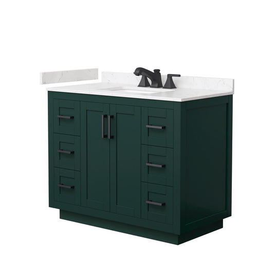 Wyndham Collection Miranda 42" Single Bathroom Vanity in Green, Carrara Cultured Marble Countertop, Undermount Square Sink (3-Hole), Matte Black Trim