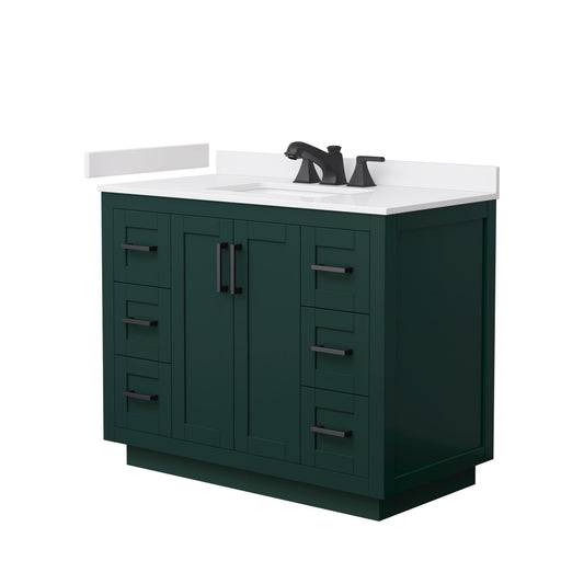 Wyndham Collection Miranda 42" Single Bathroom Vanity in Green, White Cultured Marble Countertop, Undermount Square Sink (3-Hole), Matte Black Trim