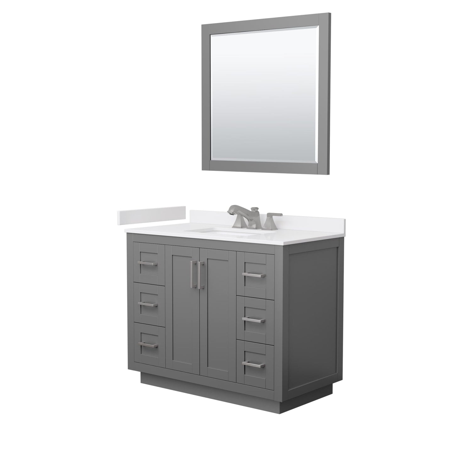 Wyndham Collection Miranda 42" Single Bathroom Vanity in Dark Gray, White Cultured Marble Countertop, Undermount Square Sink (3-Hole), Brushed Nickel Trim and 34" Mirror