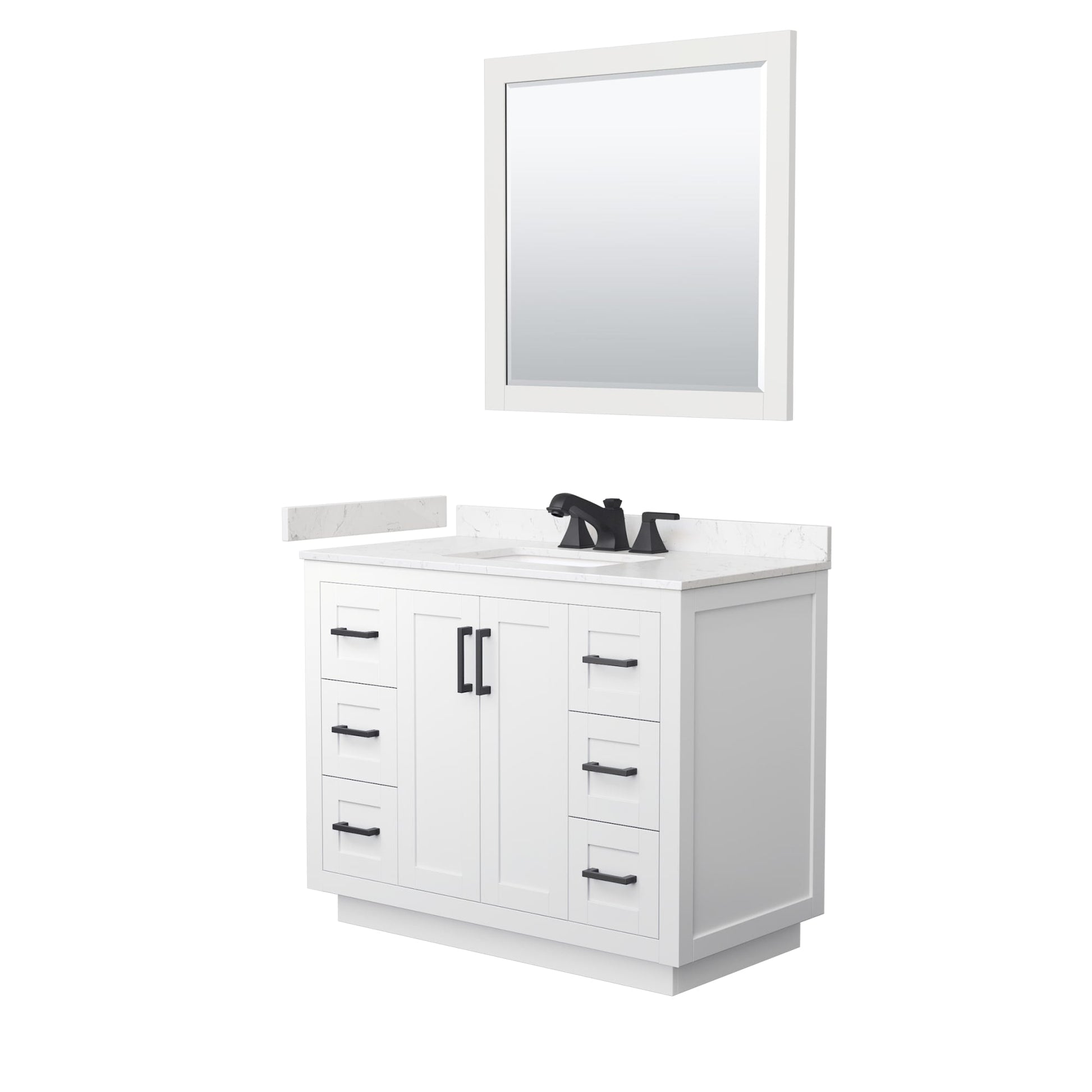 Wyndham Collection Miranda 42" Single Bathroom Vanity in White, Carrara Cultured Marble Countertop, Undermount Square Sink (3-Hole), Matte Black Trim and 34" Mirror