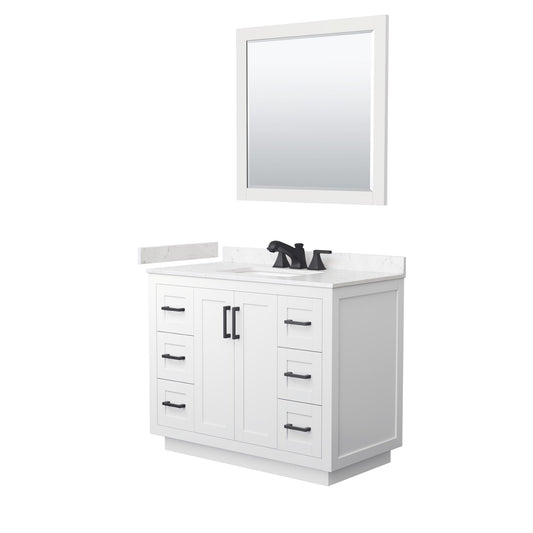 Wyndham Collection Miranda 42" Single Bathroom Vanity in White, Carrara Cultured Marble Countertop, Undermount Square Sink (3-Hole), Matte Black Trim and 34" Mirror