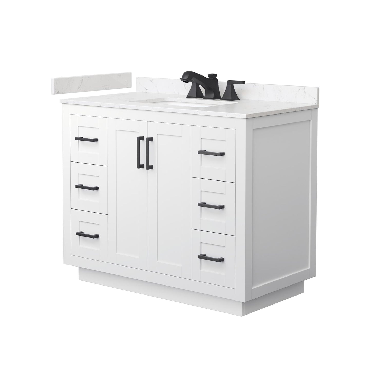Wyndham Collection Miranda 42" Single Bathroom Vanity in White, Carrara Cultured Marble Countertop, Undermount Square Sink (3-Hole), Matte Black Trim