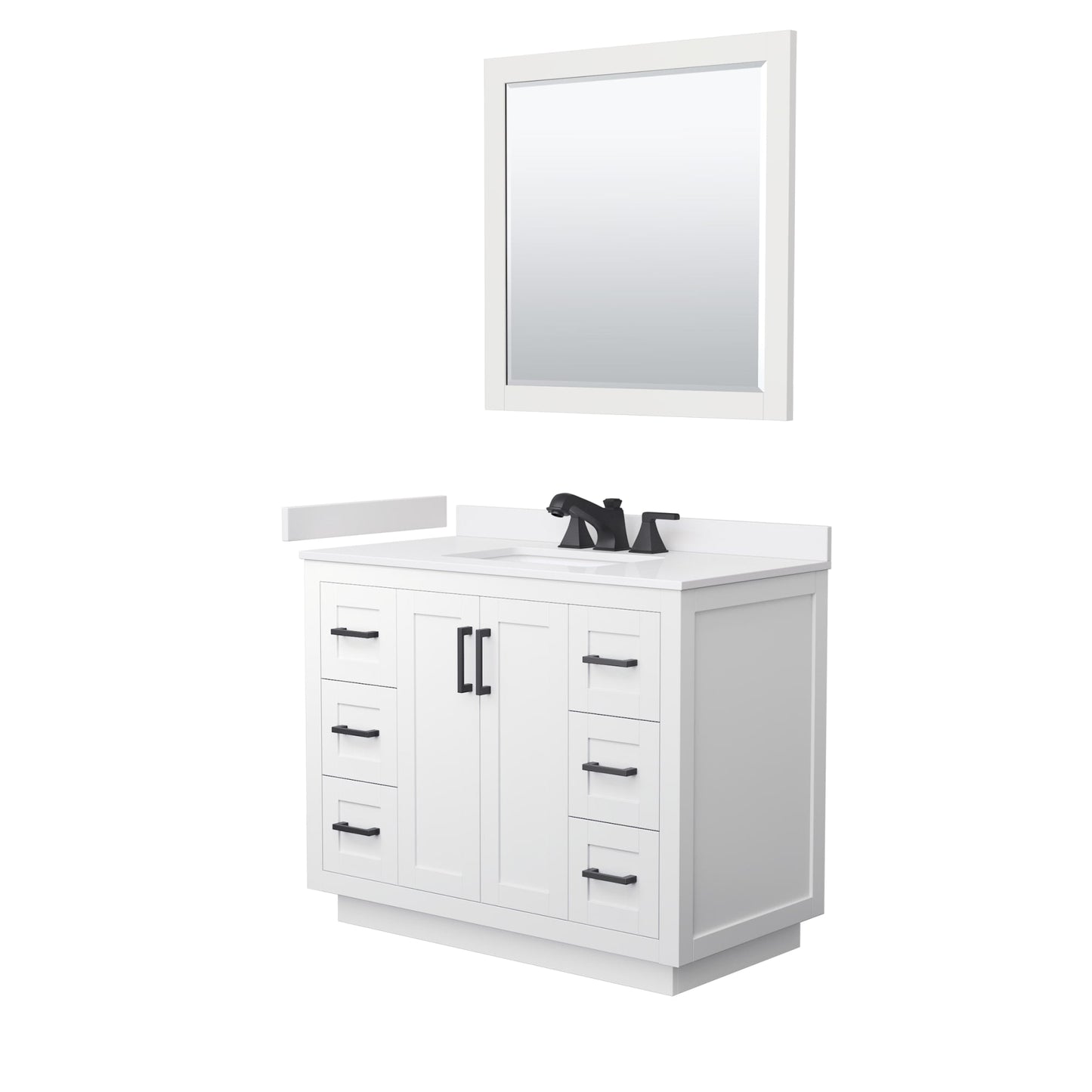 Wyndham Collection Miranda 42" Single Bathroom Vanity in White, White Cultured Marble Countertop, Undermount Square Sink (3-Hole), Matte Black Trim and 34" Mirror