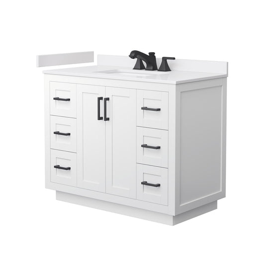 Wyndham Collection Miranda 42" Single Bathroom Vanity in White, White Cultured Marble Countertop, Undermount Square Sink (3-Hole), Matte Black Trim