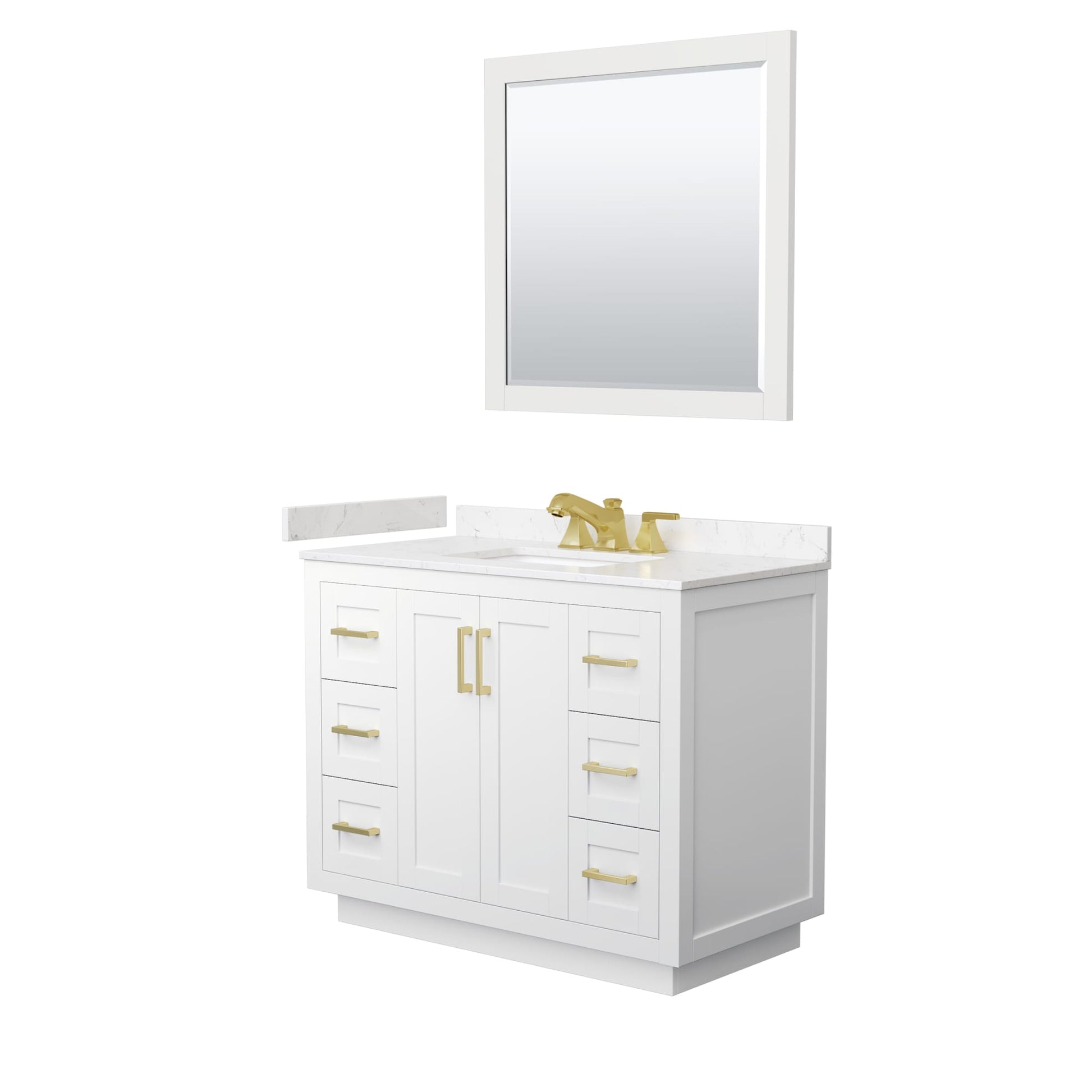 Wyndham Collection Miranda 42" Single Bathroom Vanity in White, Carrara Cultured Marble Countertop, Undermount Square Sink (3-Hole), Brushed Gold Trim and 34" Mirror