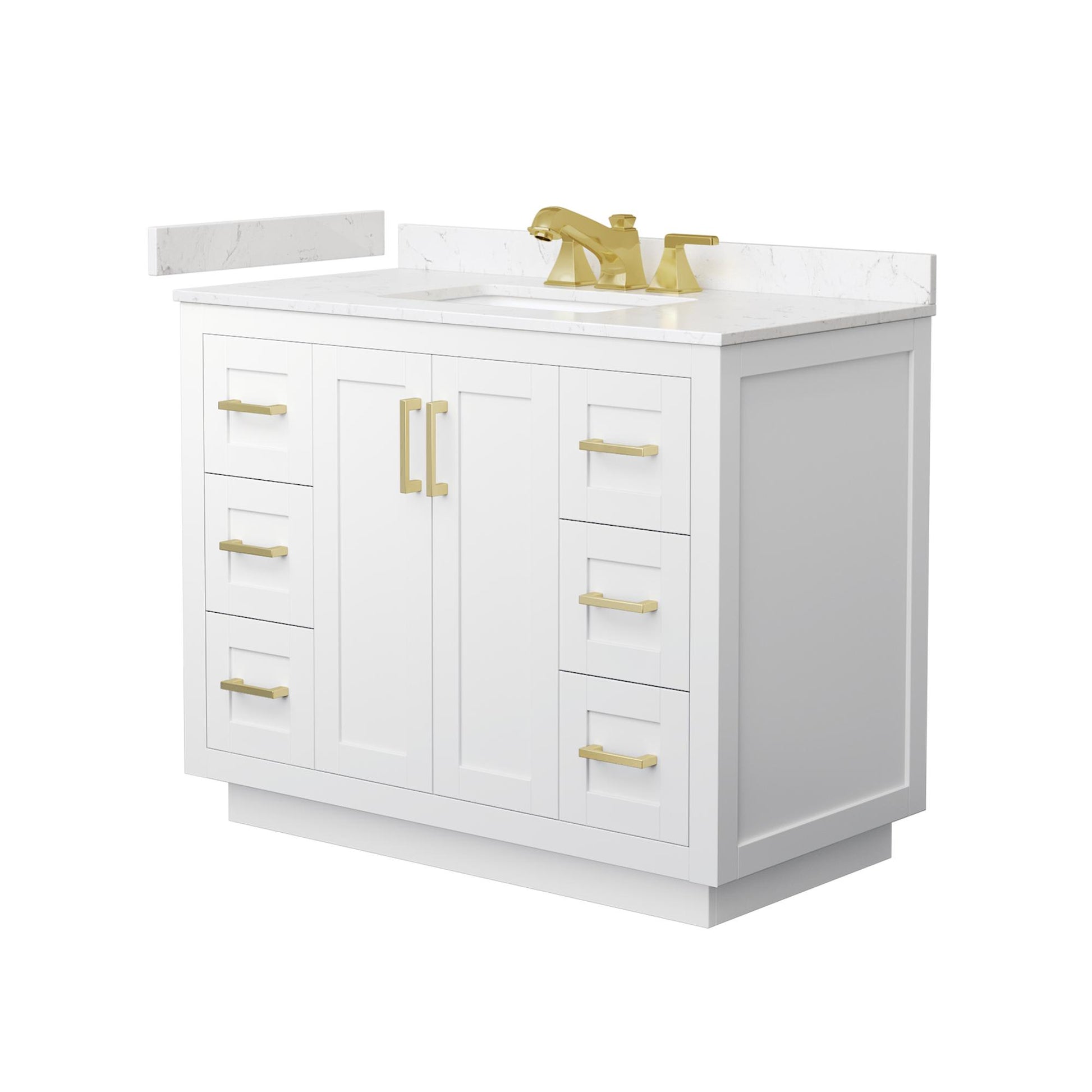 Wyndham Collection Miranda 42" Single Bathroom Vanity in White, Carrara Cultured Marble Countertop, Undermount Square Sink (3-Hole), Brushed Gold Trim