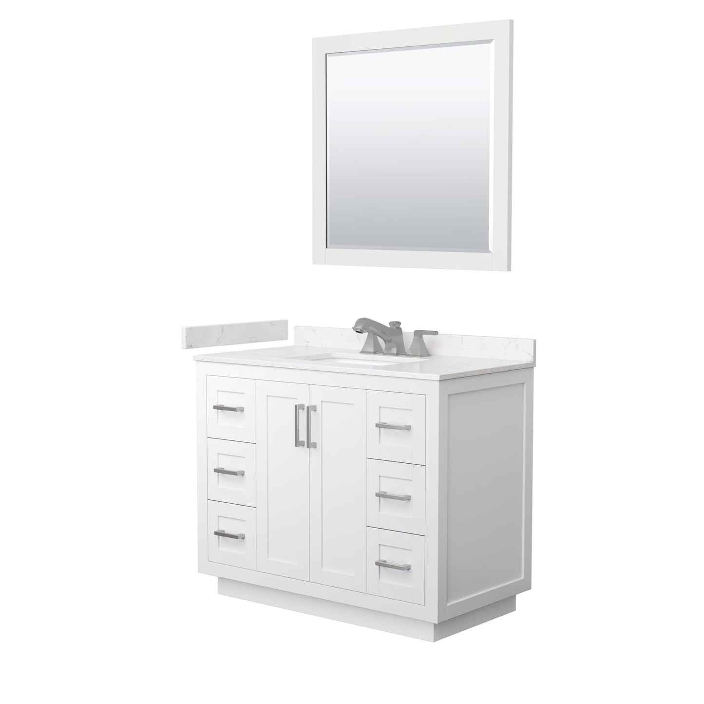 Wyndham Collection Miranda 42" Single Bathroom Vanity in White, Carrara Cultured Marble Countertop, Undermount Square Sink (3-Hole), Brushed Nickel Trim and 34" Mirror