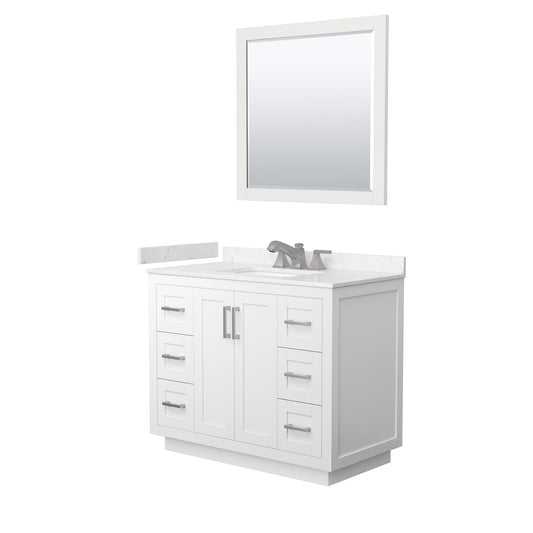 Wyndham Collection Miranda 42" Single Bathroom Vanity in White, Carrara Cultured Marble Countertop, Undermount Square Sink (3-Hole), Brushed Nickel Trim and 34" Mirror