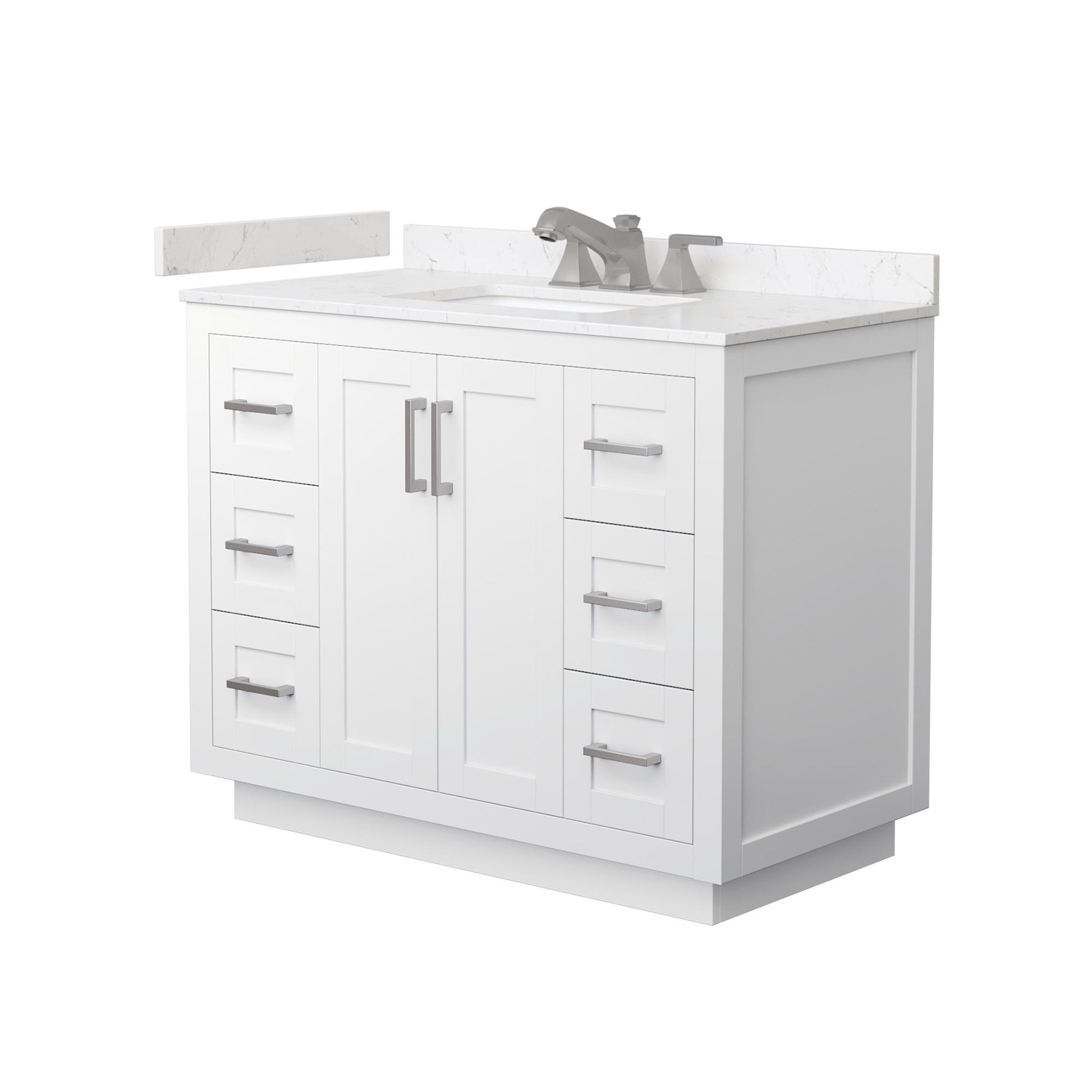 Wyndham Collection Miranda 42" Single Bathroom Vanity in White, Carrara Cultured Marble Countertop, Undermount Square Sink (3-Hole), Brushed Nickel Trim