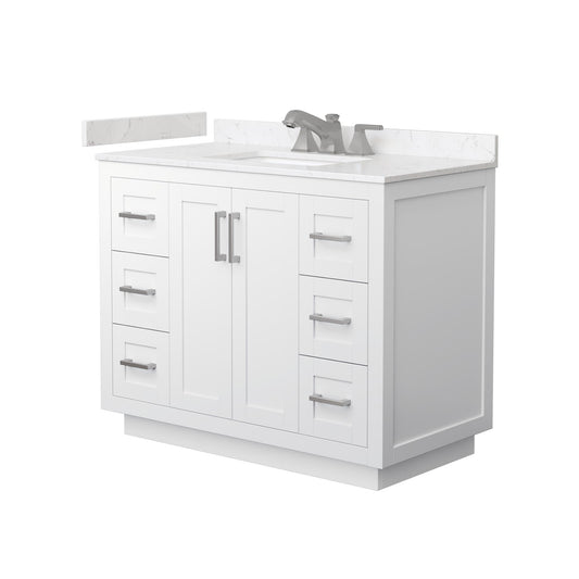 Wyndham Collection Miranda 42" Single Bathroom Vanity in White, Carrara Cultured Marble Countertop, Undermount Square Sink (3-Hole), Brushed Nickel Trim