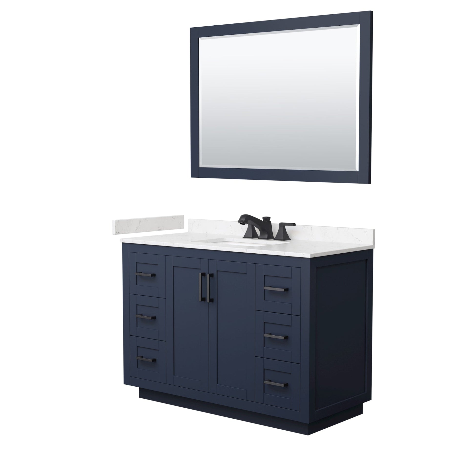 Wyndham Collection Miranda 48" Single Bathroom Vanity in Dark Blue, Carrara Cultured Marble Countertop, Undermount Square Sink (3-Hole), Matte Black Trim and 46" Mirror