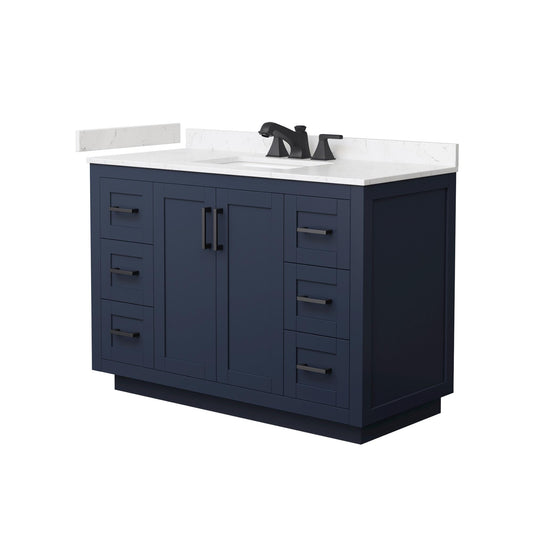 Wyndham Collection Miranda 48" Single Bathroom Vanity in Dark Blue, Carrara Cultured Marble Countertop, Undermount Square Sink (3-Hole), Matte Black Trim