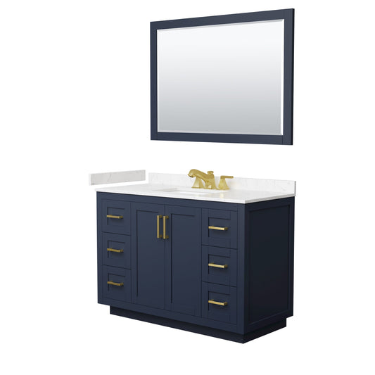 Wyndham Collection Miranda 48" Single Bathroom Vanity in Dark Blue, Carrara Cultured Marble Countertop, Undermount Square Sink (3-Hole), Brushed Gold Trim and 46" Mirror