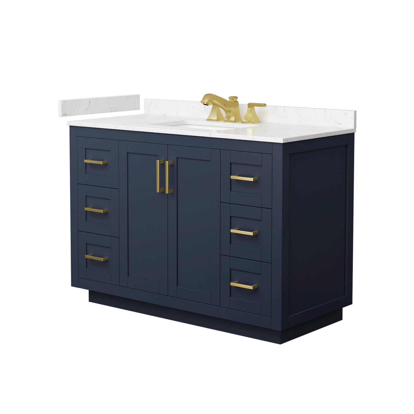 Wyndham Collection Miranda 48" Single Bathroom Vanity in Dark Blue, Carrara Cultured Marble Countertop, Undermount Square Sink (3-Hole), Brushed Gold Trim