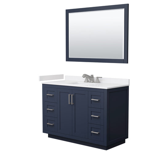 Wyndham Collection Miranda 48" Single Bathroom Vanity in Dark Blue, White Cultured Marble Countertop, Undermount Square Sink (3-Hole), Brushed Nickel Trim and 46" Mirror