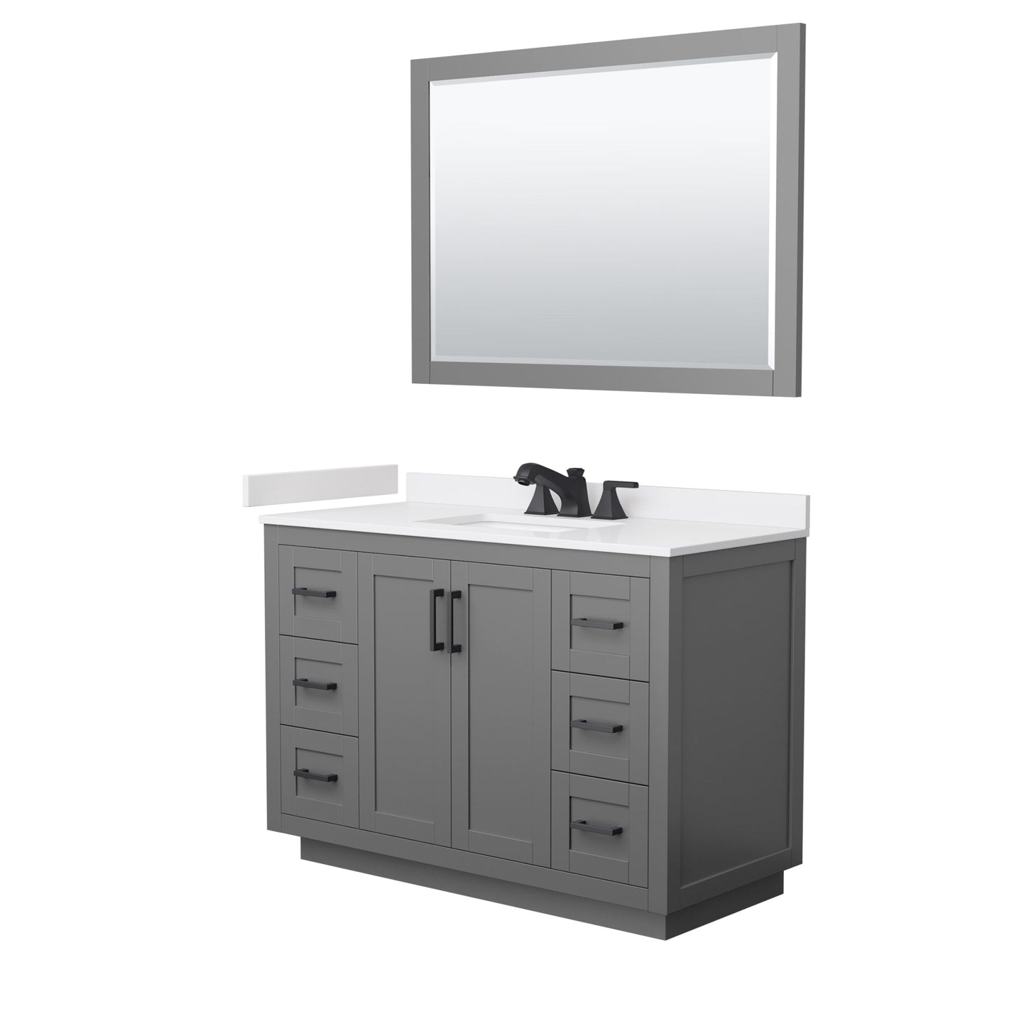 Wyndham Collection Miranda 48" Single Bathroom Vanity in Dark Gray, White Cultured Marble Countertop, Undermount Square Sink (3-Hole), Matte Black Trim and 46" Mirror
