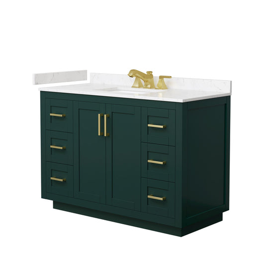 Wyndham Collection Miranda 48" Single Bathroom Vanity in Green, Carrara Cultured Marble Countertop, Undermount Square Sink (3-Hole), Brushed Gold Trim
