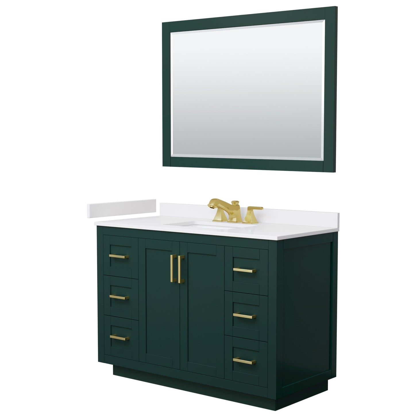 Wyndham Collection Miranda 48" Single Bathroom Vanity in Green, White Cultured Marble Countertop, Undermount Square Sink (3-Hole), Brushed Gold Trim and 46" Mirror