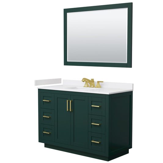 Wyndham Collection Miranda 48" Single Bathroom Vanity in Green, White Cultured Marble Countertop, Undermount Square Sink (3-Hole), Brushed Gold Trim and 46" Mirror