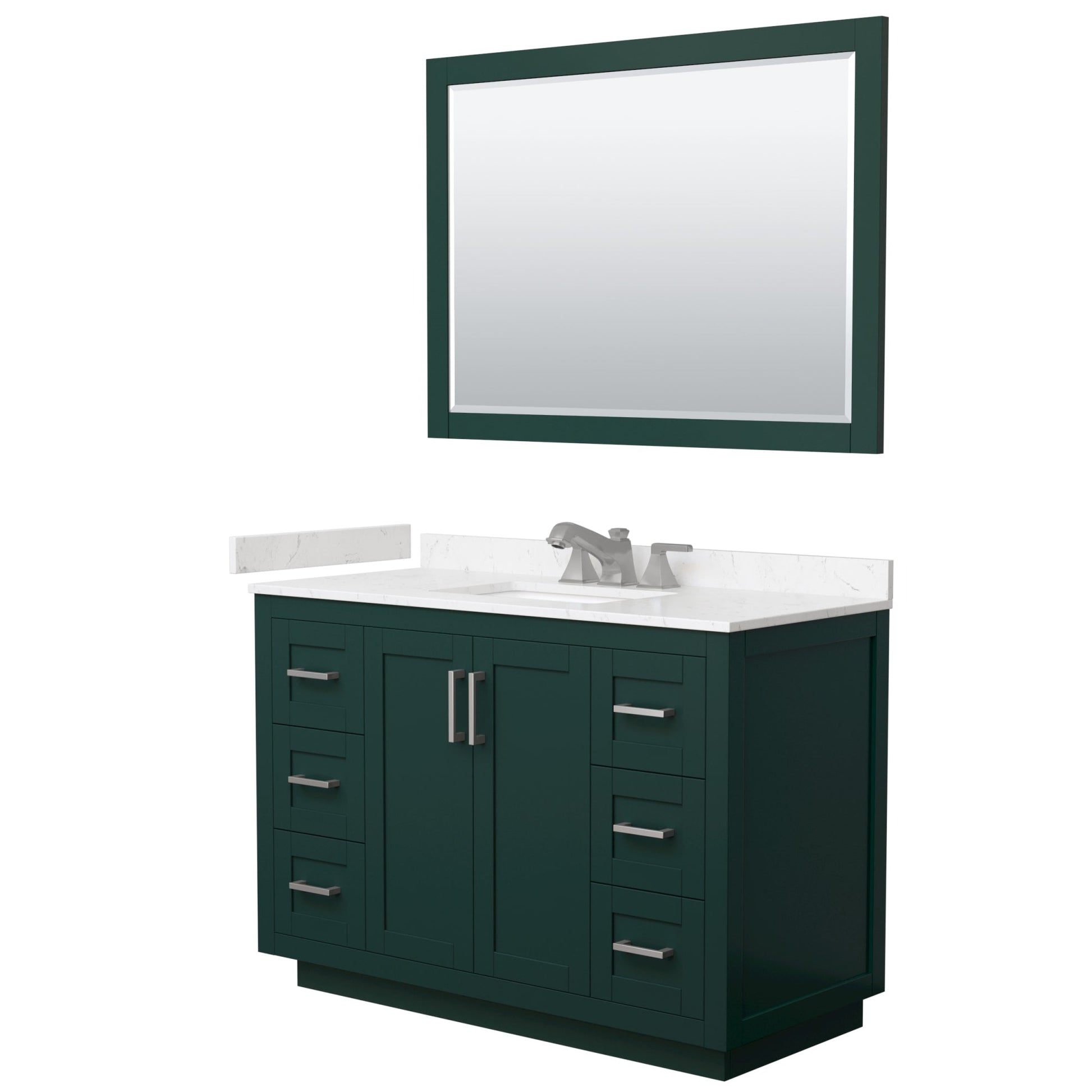 Wyndham Collection Miranda 48" Single Bathroom Vanity in Green, Carrara Cultured Marble Countertop, Undermount Square Sink (3-Hole), Brushed Nickel Trim and 46" Mirror