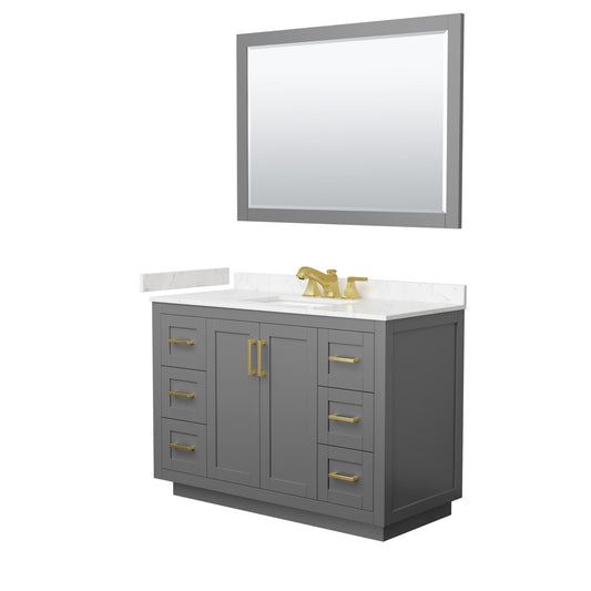 Wyndham Collection Miranda 48" Single Bathroom Vanity in Dark Gray, Carrara Cultured Marble Countertop, Undermount Square Sink (3-Hole), Brushed Gold Trim and 46" Mirror